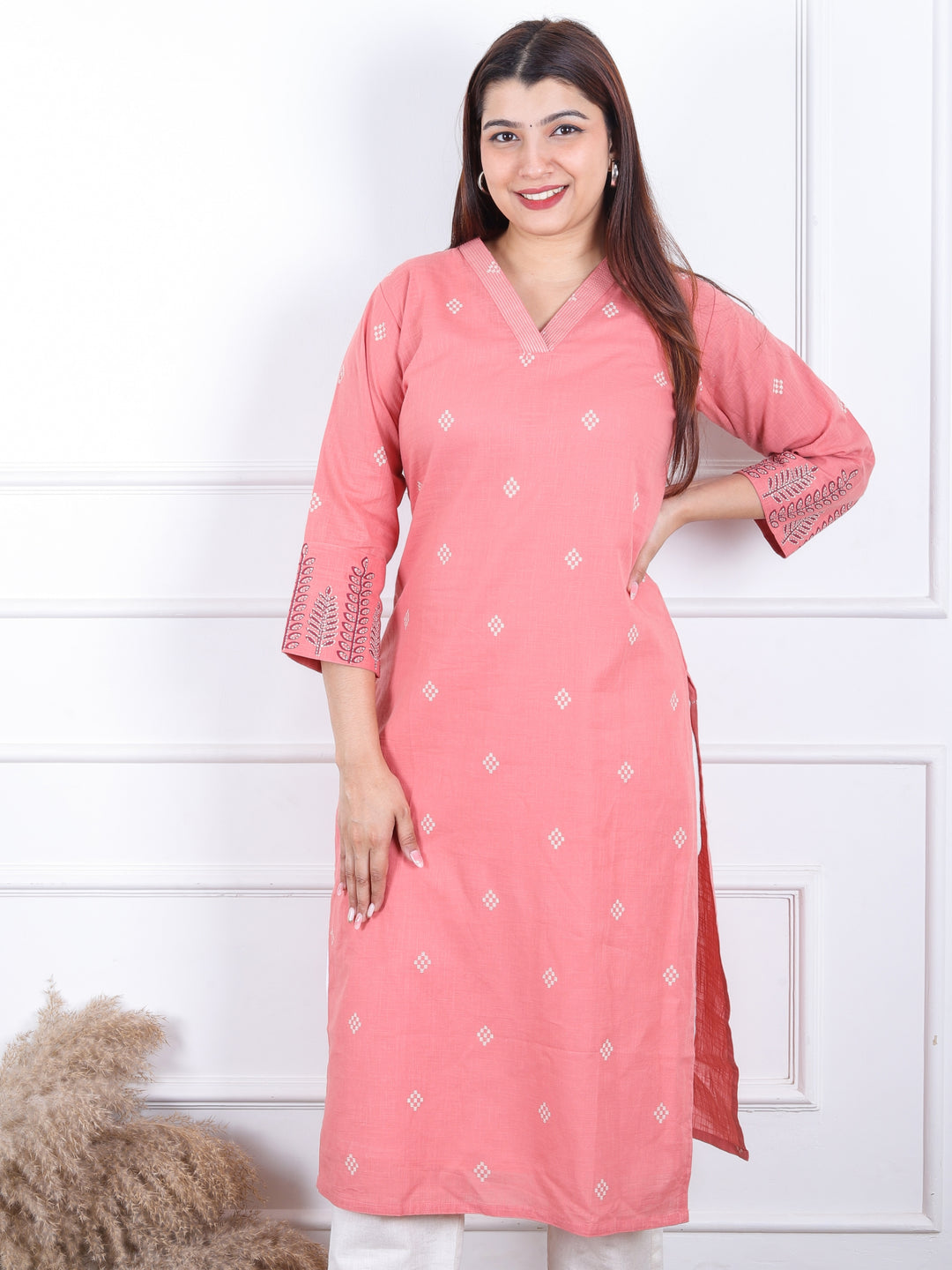 Rooprani Coral Pink V Neck with All Over Pigment Print Work Cotton Kurti