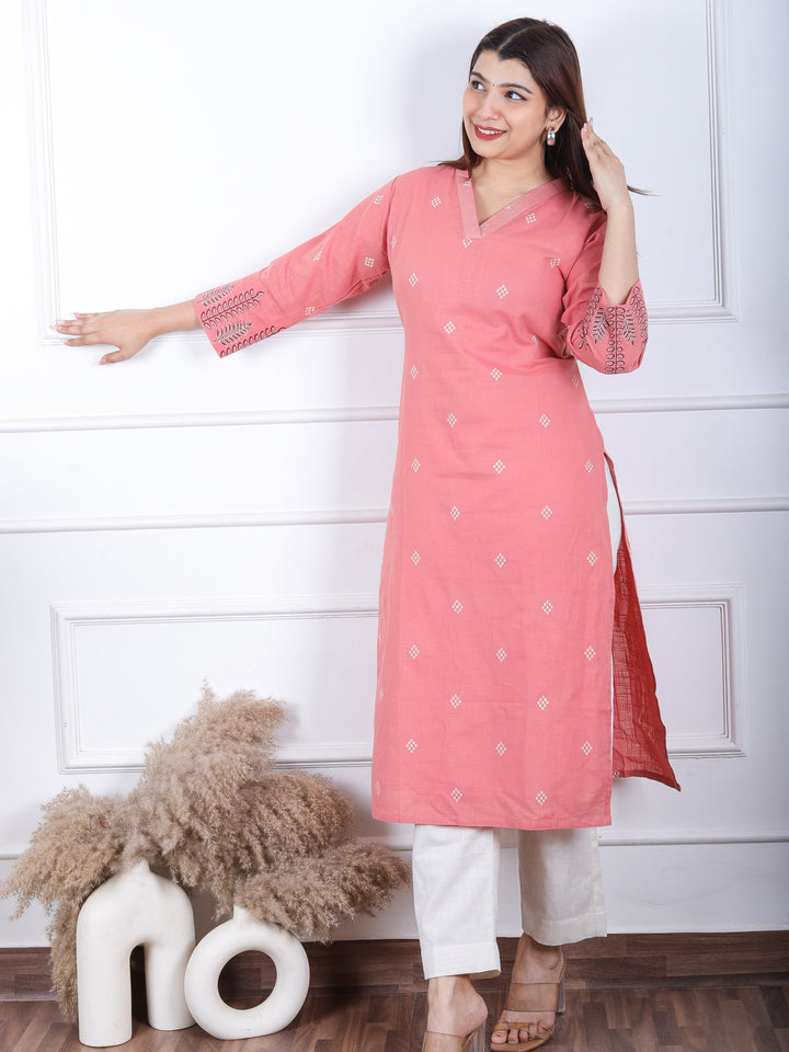 Rooprani Coral Pink V Neck with All Over Pigment Print Work Cotton Kurti