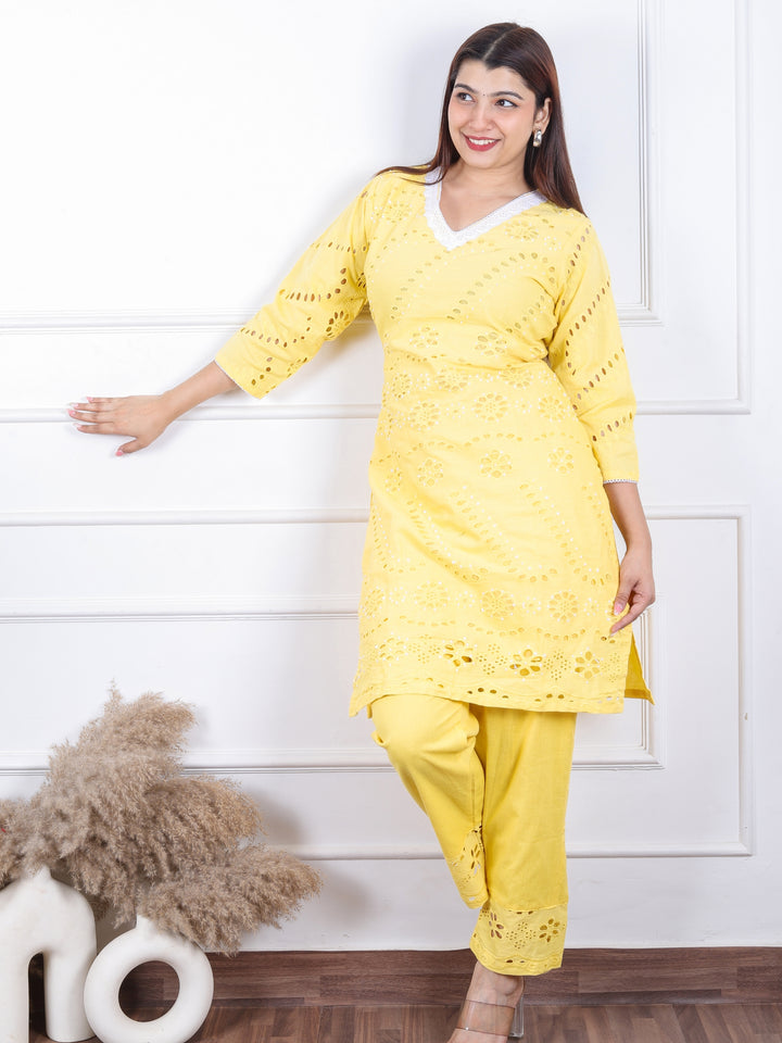 Gulkand Butter Yellow V Neck Lace work in Cotton Schiffli 2 Piece Set