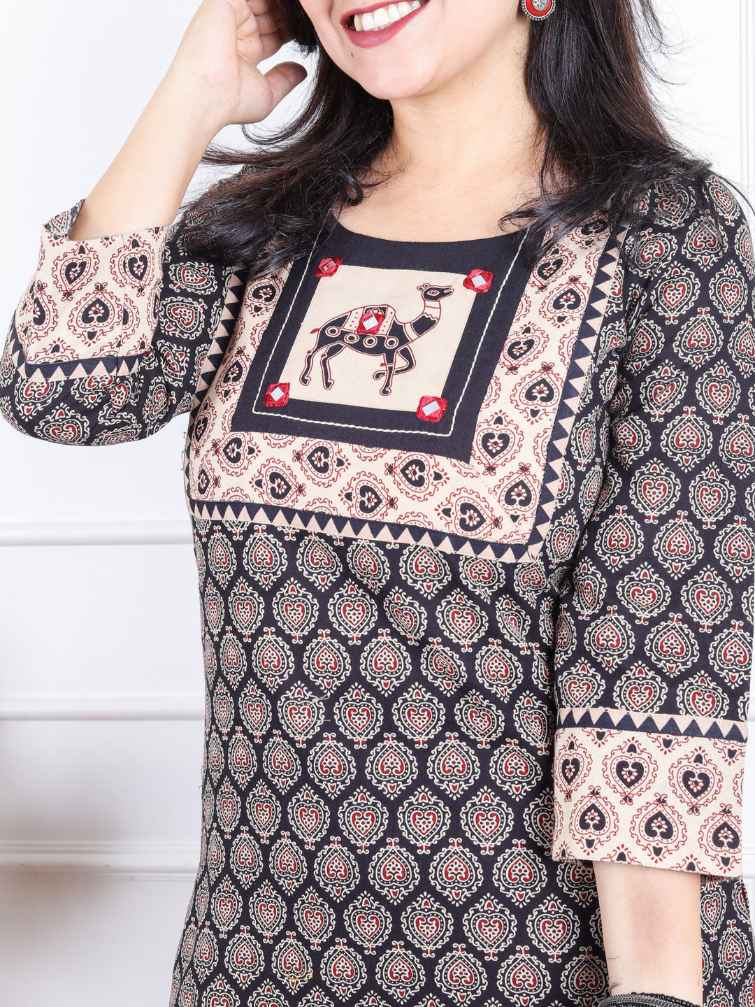 Rajwari Ebony Black with Camel Print Mirror Work Patch Ajrak Printed Cotton kurti