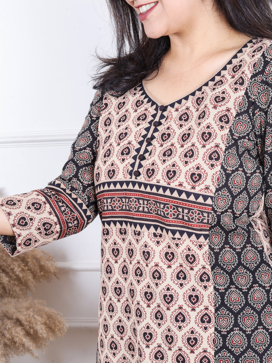 Rajwari Faded Black with Beige Patch and Button Work Ajrak Printed Cotton kurti