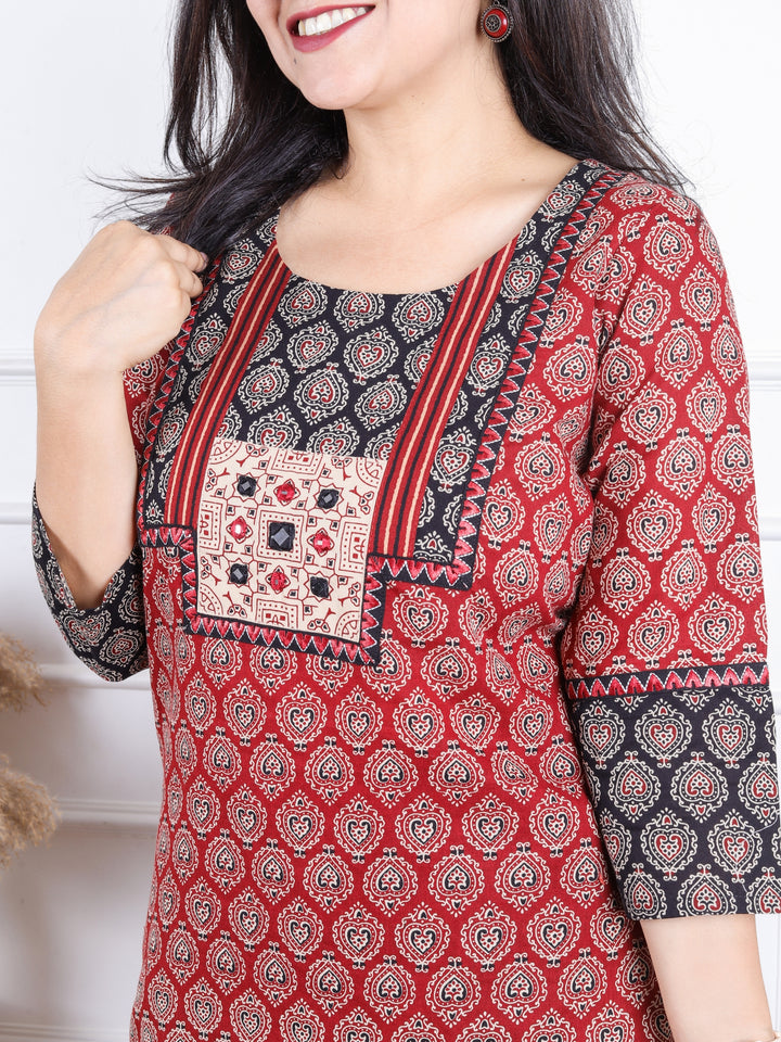 Rajwari Ruy Red with Beige Ajrak Print Mirror Work Patch Ajrak Printed Cotton kurti