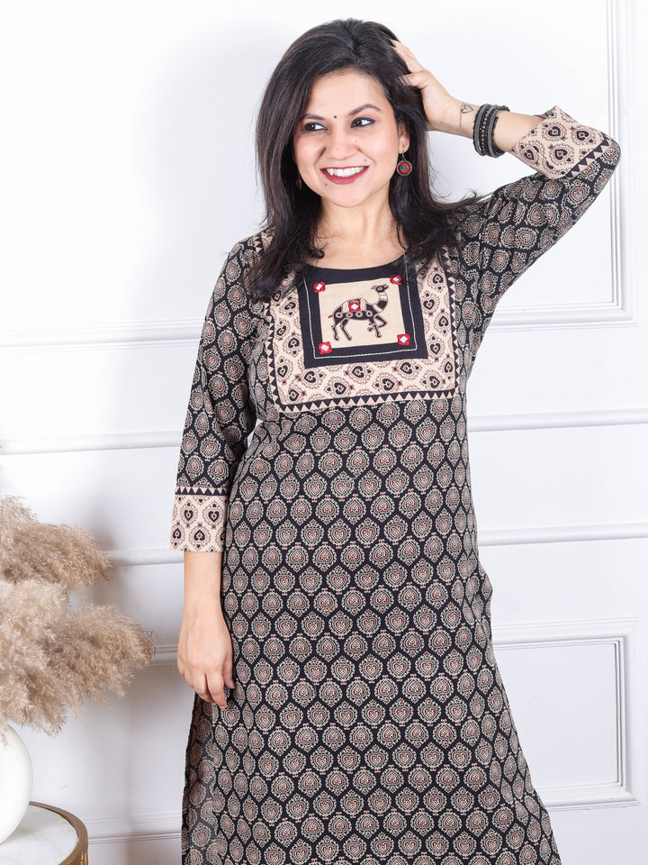Rajwari Ebony Black with Camel Print Mirror Work Patch Ajrak Printed Cotton kurti