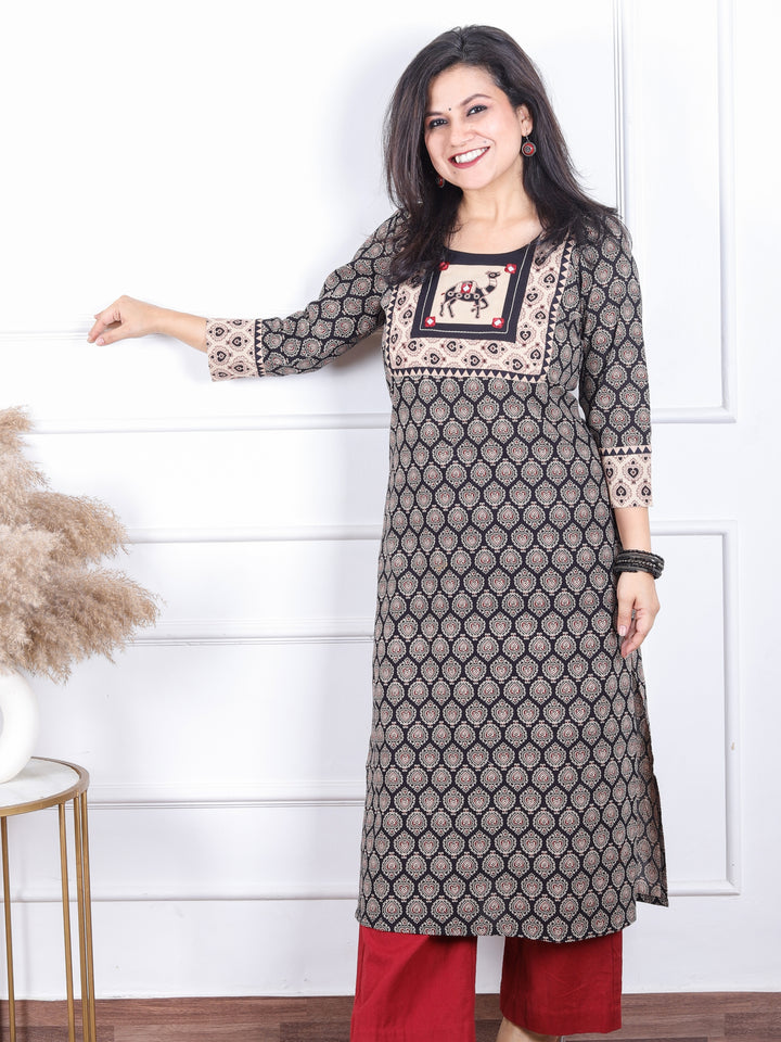Rajwari Ebony Black with Camel Print Mirror Work Patch Ajrak Printed Cotton kurti