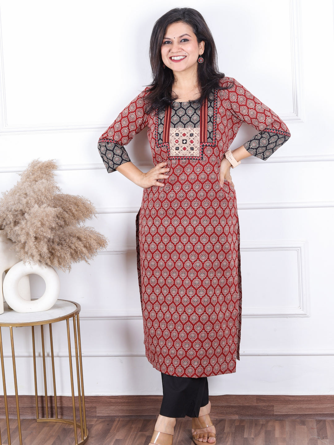 Rajwari Ruy Red with Beige Ajrak Print Mirror Work Patch Ajrak Printed Cotton kurti