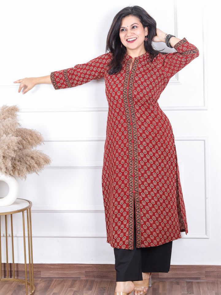 Rajwari Cherry Red All Over Ajrak Printed with Button Work Cotton Kurti