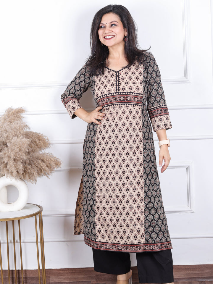 Rajwari Faded Black with Beige Patch and Button Work Ajrak Printed Cotton kurti