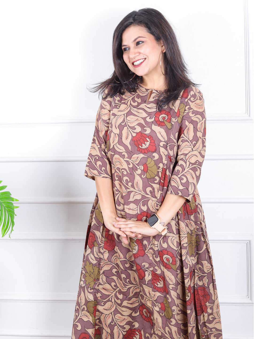 Rangoli Mauve Berry Kalamkari Floral Printed Panel Work Cotton Kurti