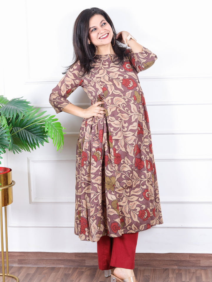 Rangoli Mauve Berry Kalamkari Floral Printed Panel Work Cotton Kurti