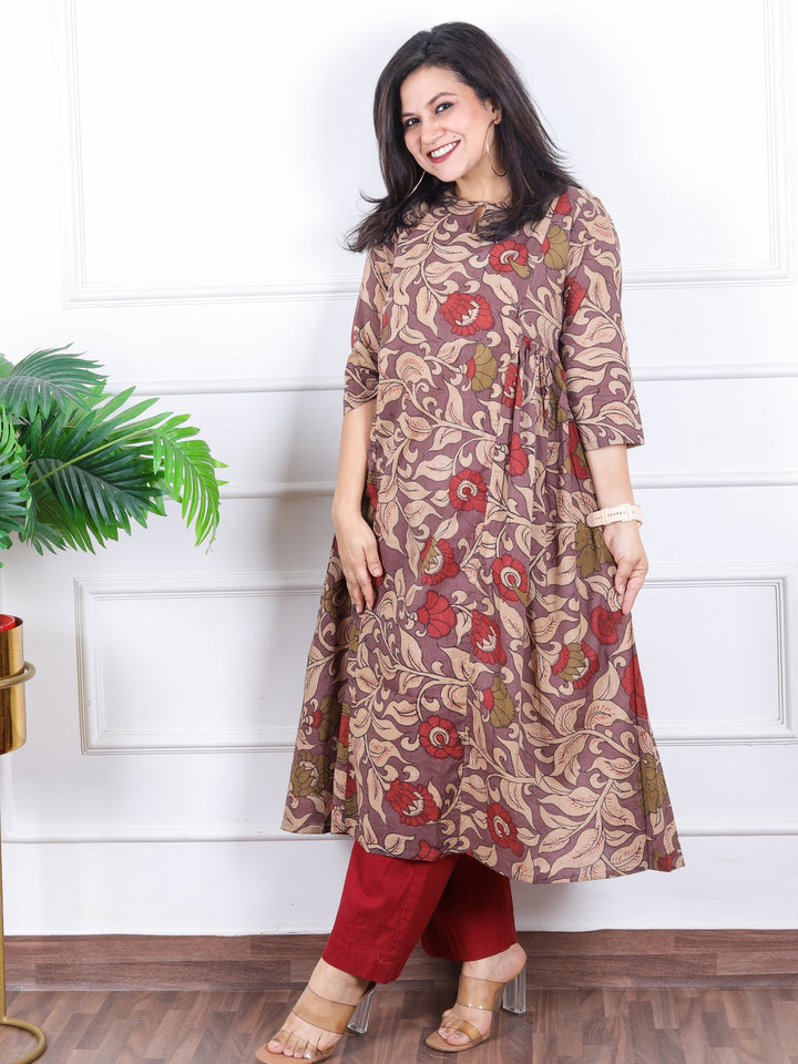 Rangoli Mauve Berry Kalamkari Floral Printed Panel Work Cotton Kurti