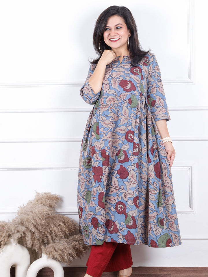 Rangoli Azure Blue Kalamkari Floral Printed Panel Work Cotton Kurti