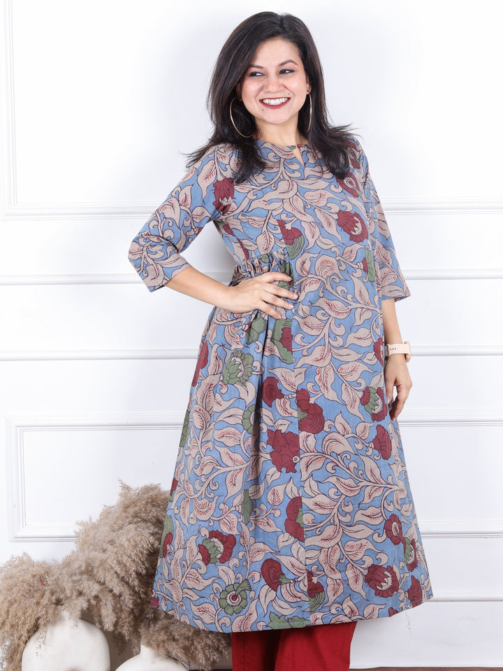 Rangoli Azure Blue Kalamkari Floral Printed Panel Work Cotton Kurti