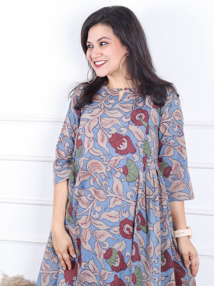 Rangoli Azure Blue Kalamkari Floral Printed Panel Work Cotton Kurti