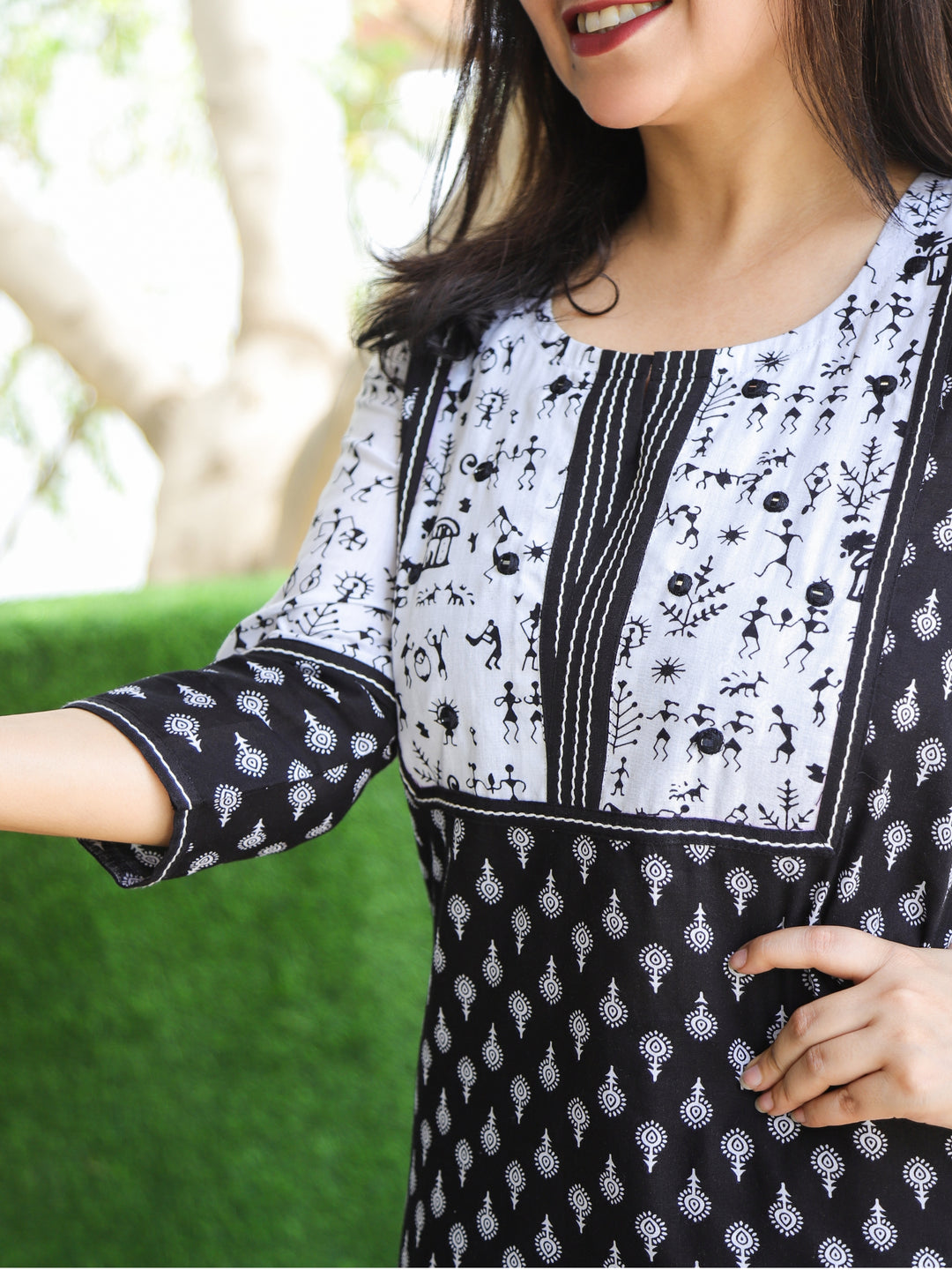 Neelamber Black with White Verli Print Patch with Thread Work Printed Cotton Kurti-D2