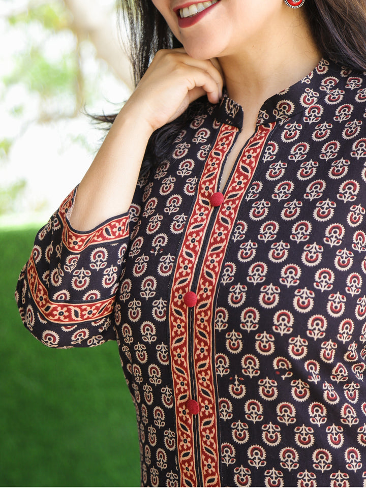 Rajwari Ebony Black All Over Ajrak Printed with Button Work Cotton Kurti