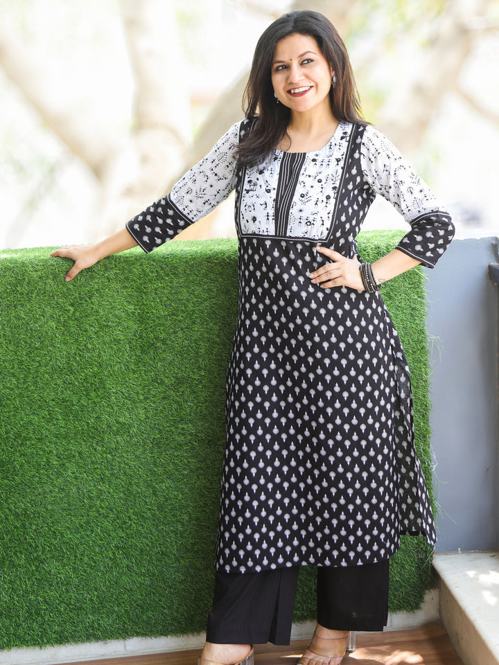 Neelamber Black with White Verli Print Patch with Thread Work Printed Cotton Kurti-D2