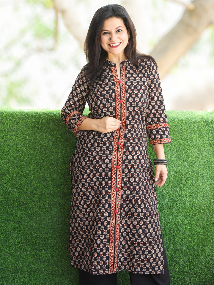Rajwari Ebony Black All Over Ajrak Printed with Button Work Cotton Kurti