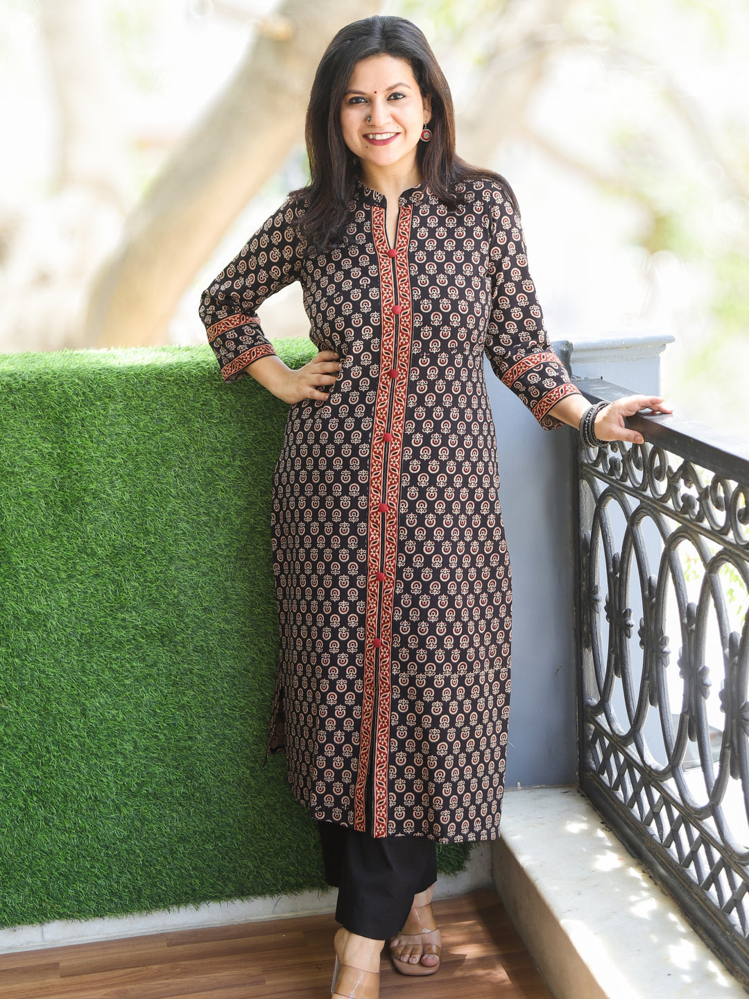 Rajwari Ebony Black All Over Ajrak Printed with Button Work Cotton Kurti