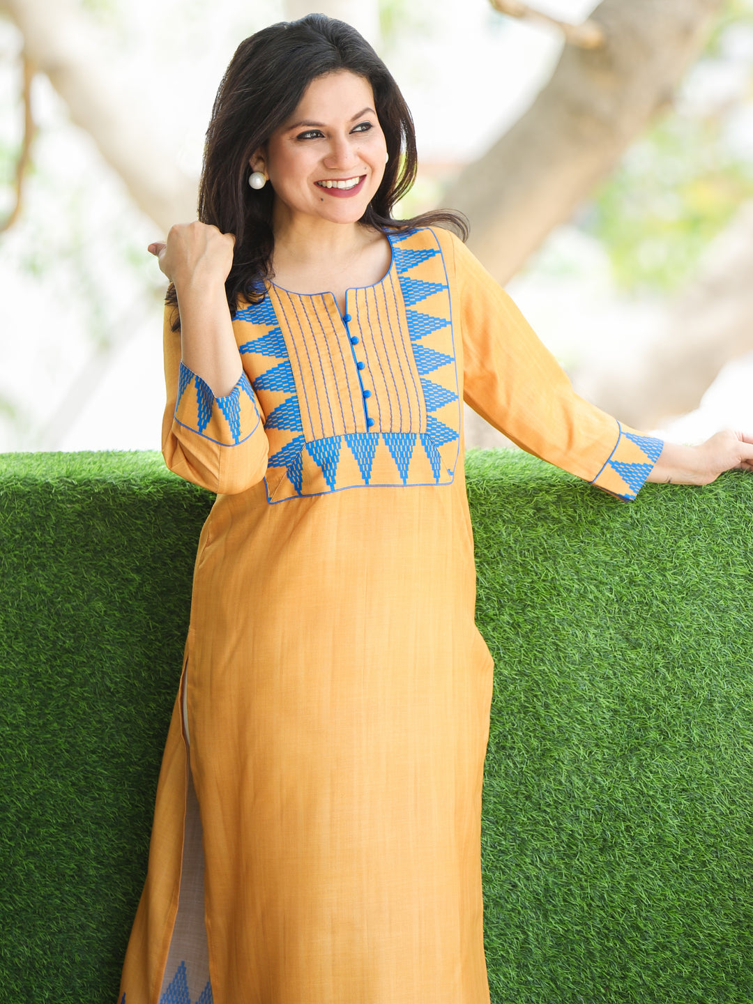 Masumi Sand Yellow with Temple Hem Print Patch with Potli Button South Cotton Linen Kurti