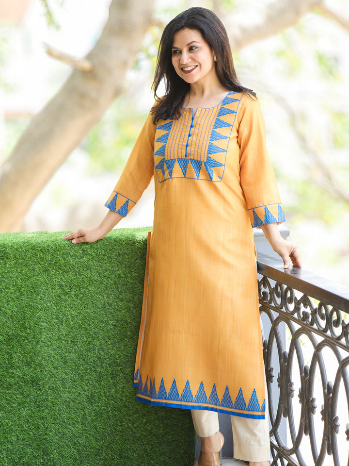 Masumi Sand Yellow with Temple Hem Print Patch with Potli Button South Cotton Linen Kurti