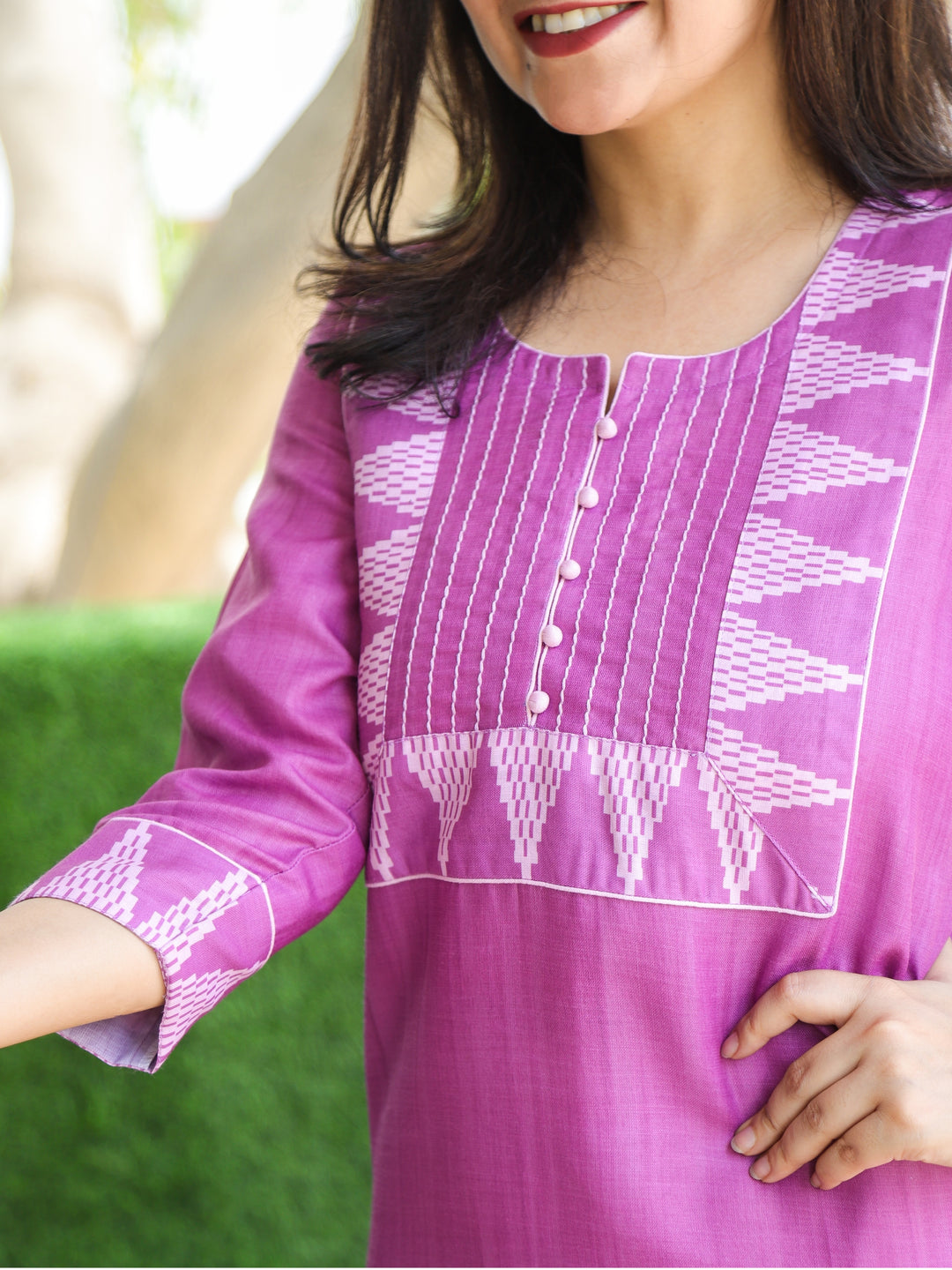 Masumi Tulip Lilac with Temple Hem Print Patch with Potli Button South Cotton Linen Kurti