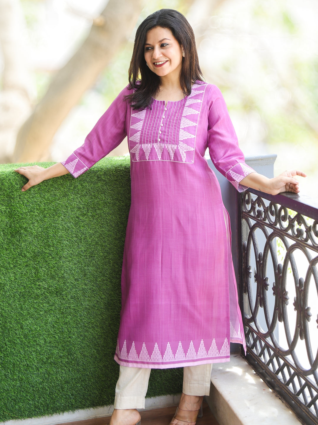 Masumi Tulip Lilac with Temple Hem Print Patch with Potli Button South Cotton Linen Kurti