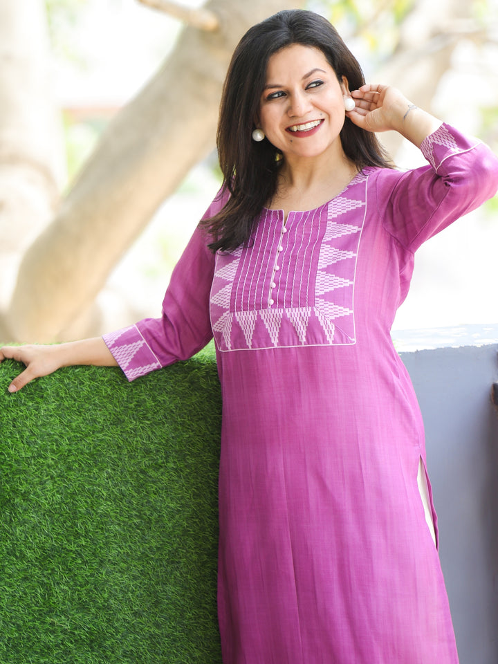 Masumi Tulip Lilac with Temple Hem Print Patch with Potli Button South Cotton Linen Kurti