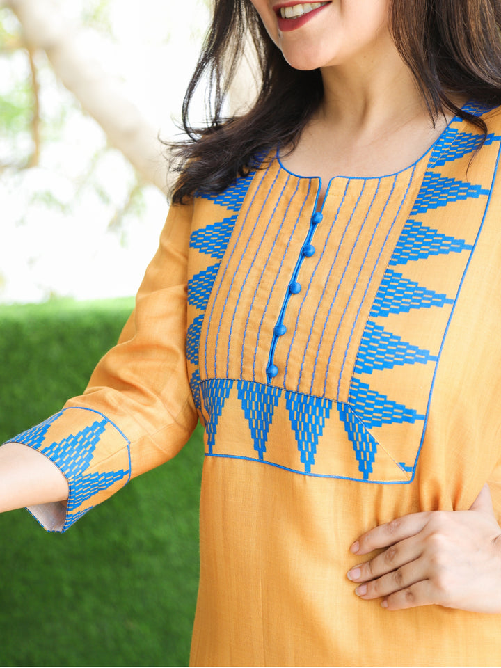 Masumi Sand Yellow with Temple Hem Print Patch with Potli Button South Cotton Linen Kurti