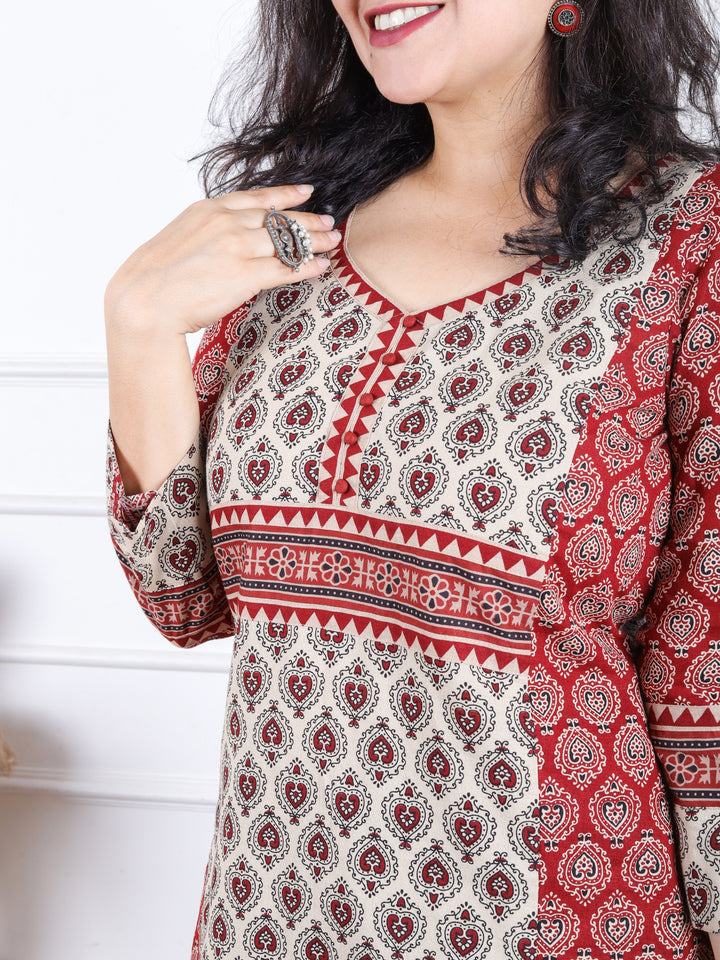 Rajwari Cherry Red with Beige Patch and Button Work Ajrak Printed Cotton kurti