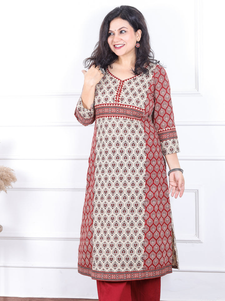 Rajwari Cherry Red with Beige Patch and Button Work Ajrak Printed Cotton kurti