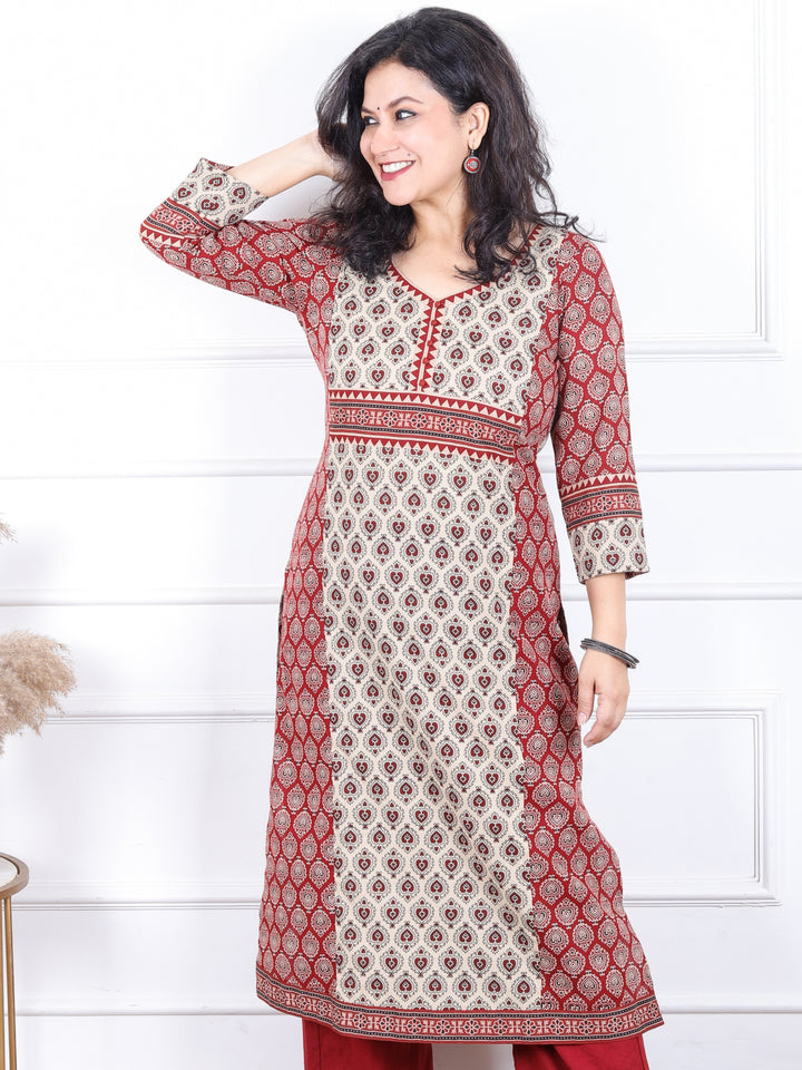 Rajwari Cherry Red with Beige Patch and Button Work Ajrak Printed Cotton kurti