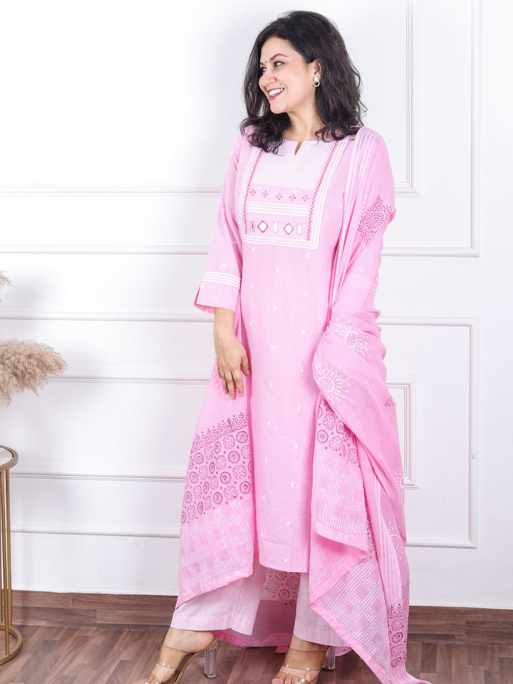 Dashtaan Barbie Pink Stripe Print with Mirror Work Patch South Cotton 3 Piece Set