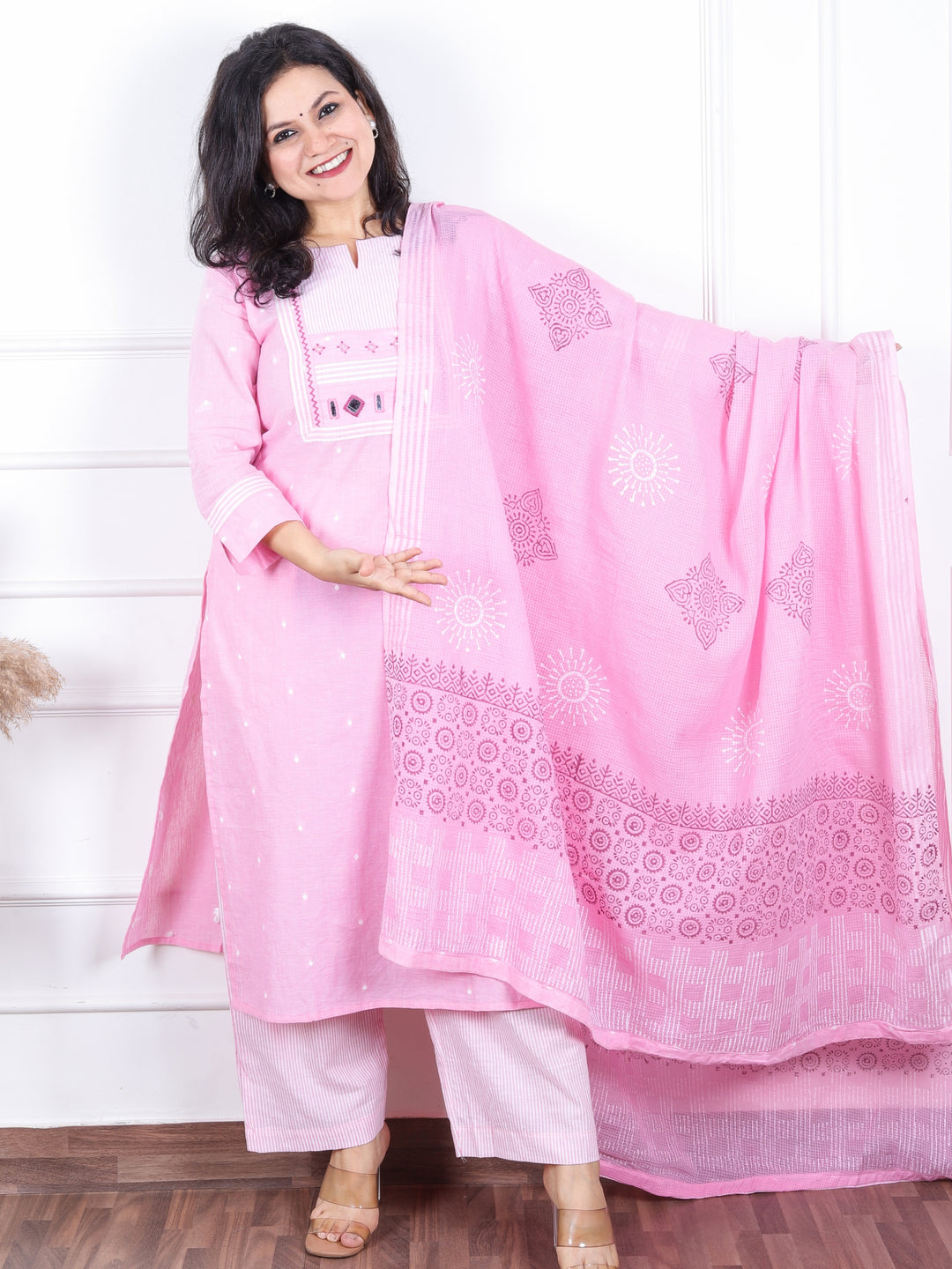 Dashtaan Barbie Pink Stripe Print with Mirror Work Patch South Cotton 3 Piece Set