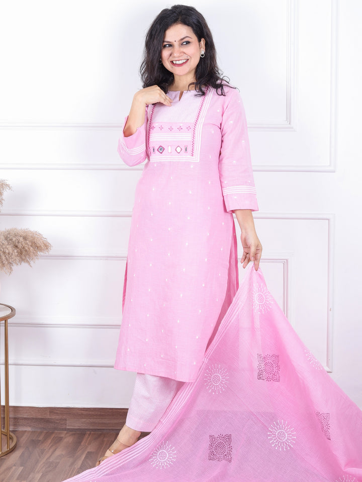 Dashtaan Barbie Pink Stripe Print with Mirror Work Patch South Cotton 3 Piece Set