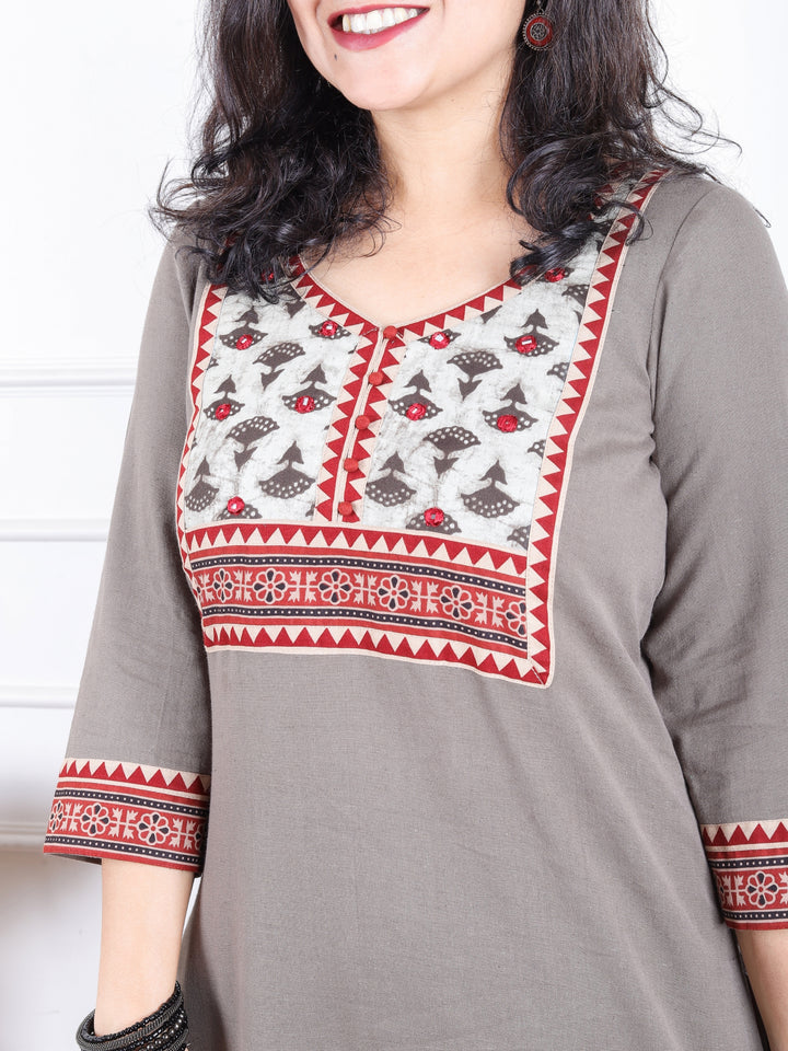 Dashtaan Hazel Tan Beige Dabu Print Yoke with Mirror Work Cotton Kurti
