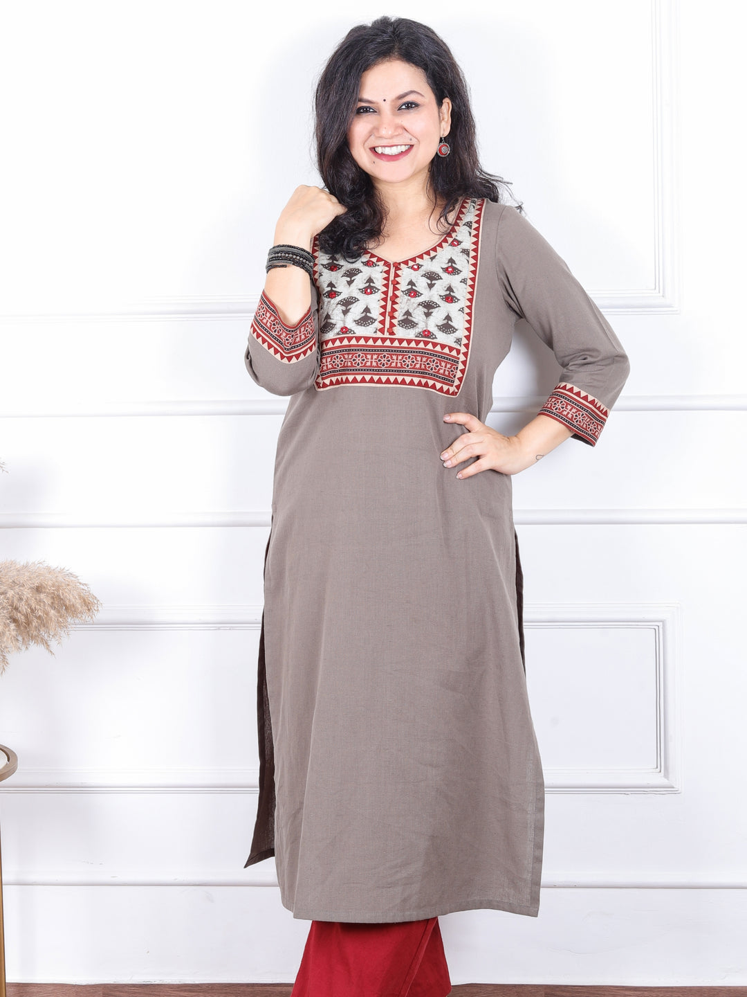 Dashtaan Hazel Tan Beige Dabu Print Yoke with Mirror Work Cotton Kurti