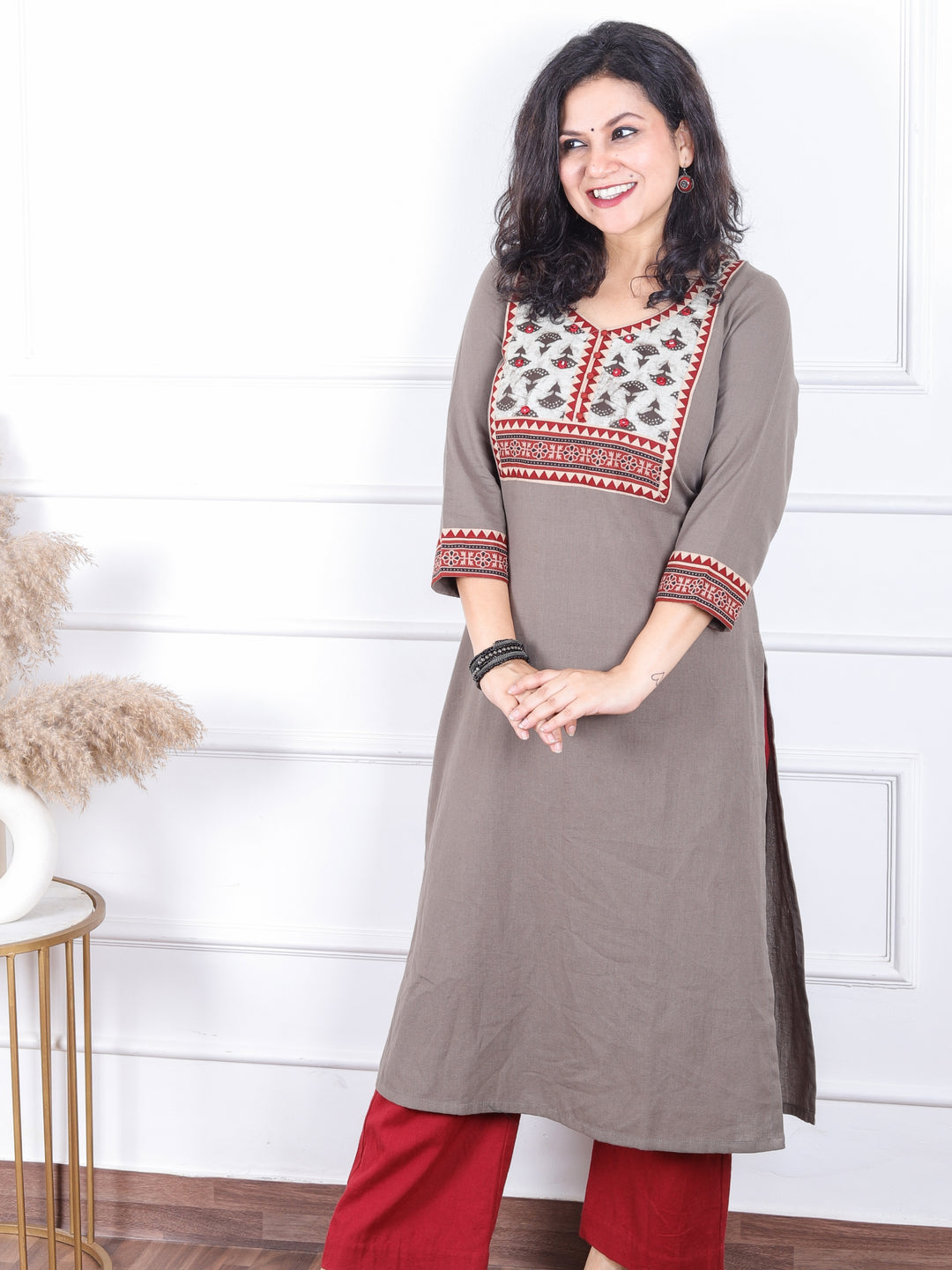 Dashtaan Hazel Tan Beige Dabu Print Yoke with Mirror Work Cotton Kurti