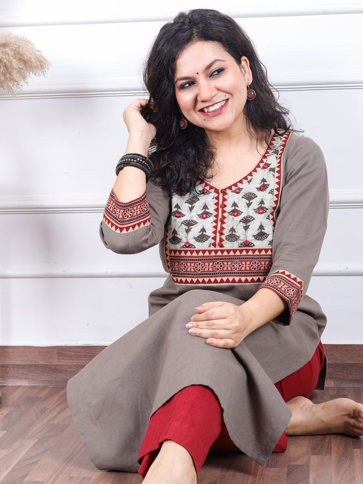 Dashtaan Hazel Tan Beige Dabu Print Yoke with Mirror Work Cotton Kurti
