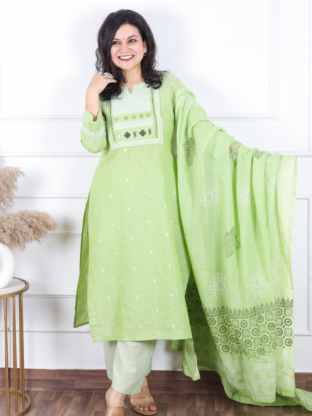 Dashtaan Pistashio Green Stripe Print with Mirror Work Patch South Cotton 3 Piece Set