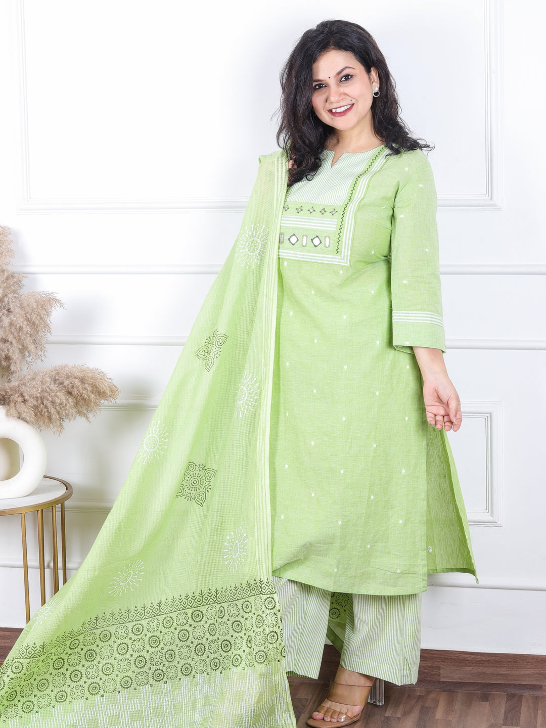 Dashtaan Pistashio Green Stripe Print with Mirror Work Patch South Cotton 3 Piece Set