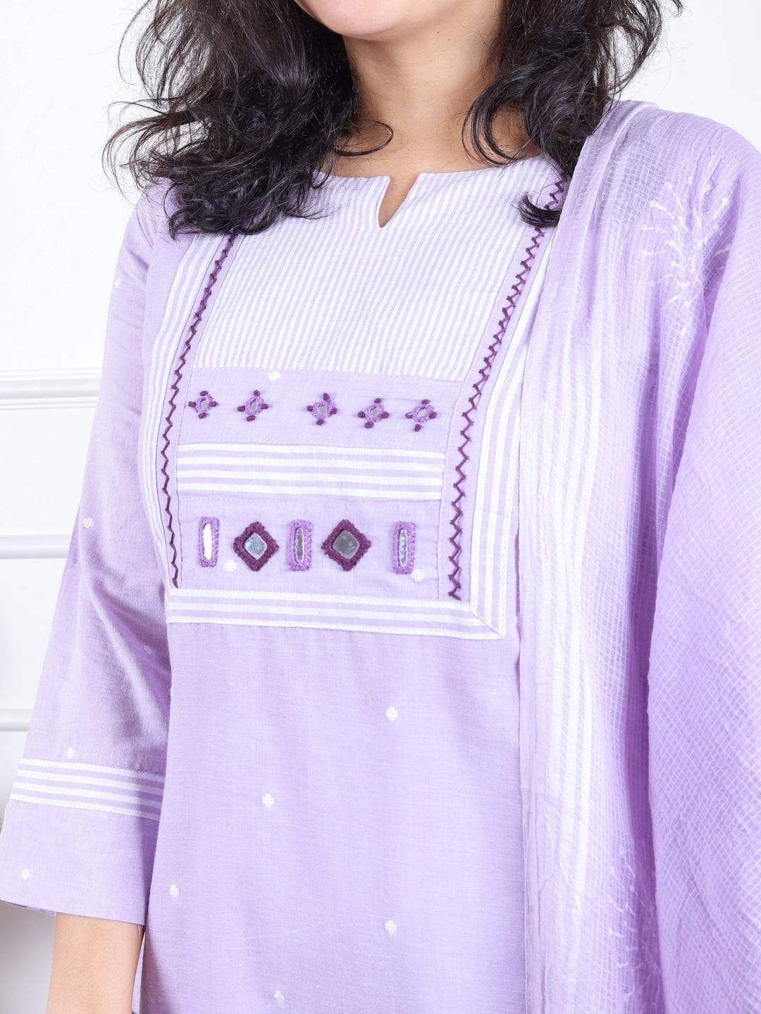 Dashtaan Petal Lilac Stripe Print with Mirror Work Patch South Cotton 3 Piece Set