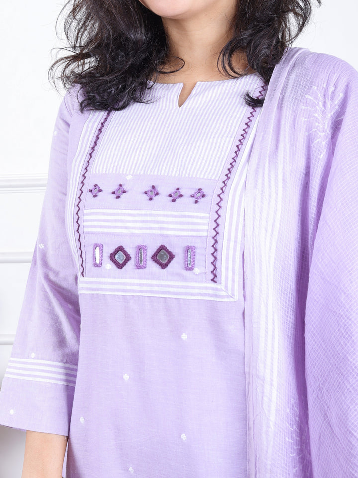 Dashtaan Petal Lilac Stripe Print with Mirror Work Patch South Cotton 3 Piece Set