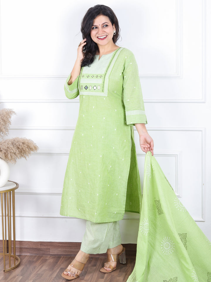 Dashtaan Pistashio Green Stripe Print with Mirror Work Patch South Cotton 3 Piece Set