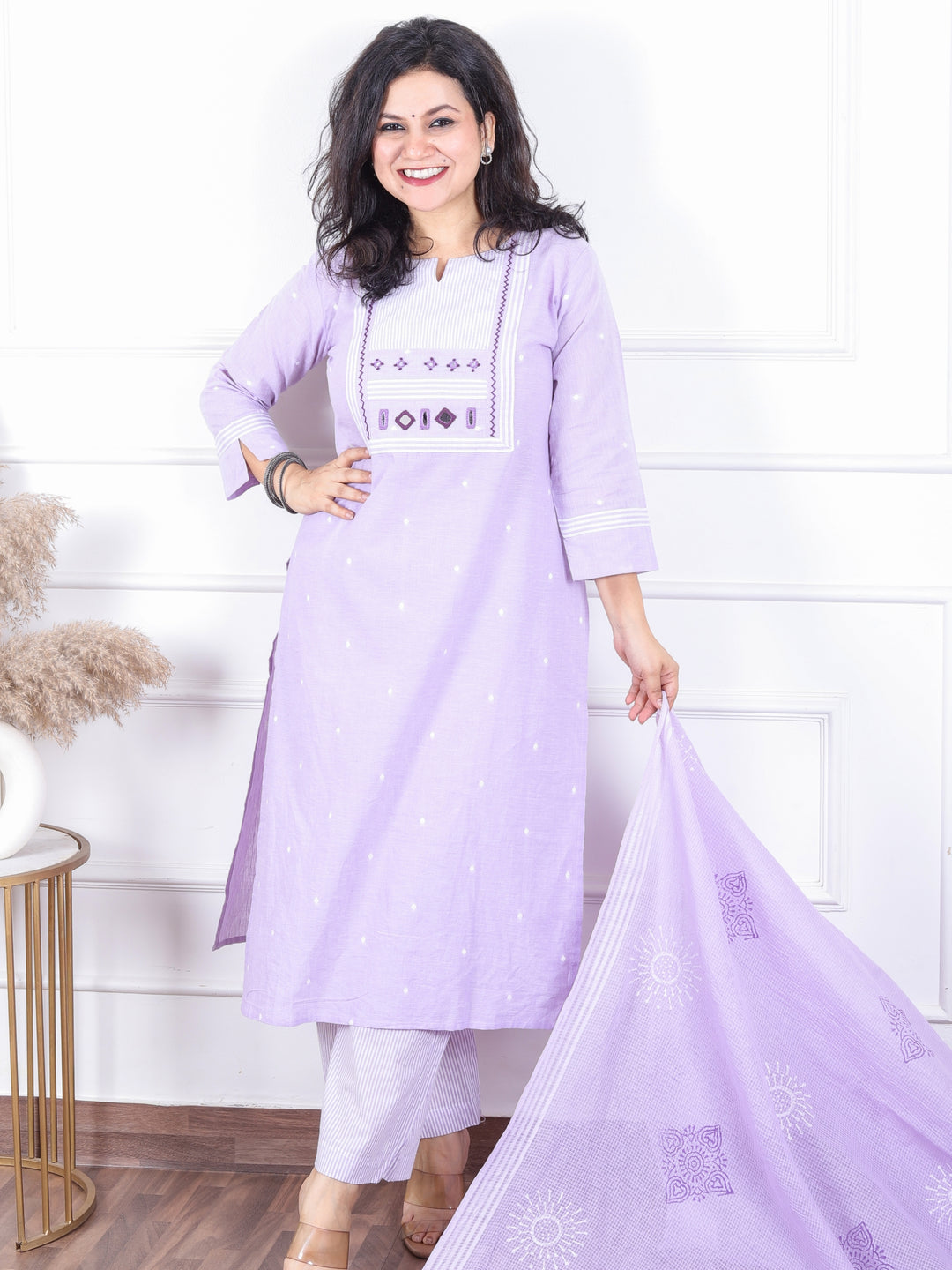Dashtaan Petal Lilac Stripe Print with Mirror Work Patch South Cotton 3 Piece Set