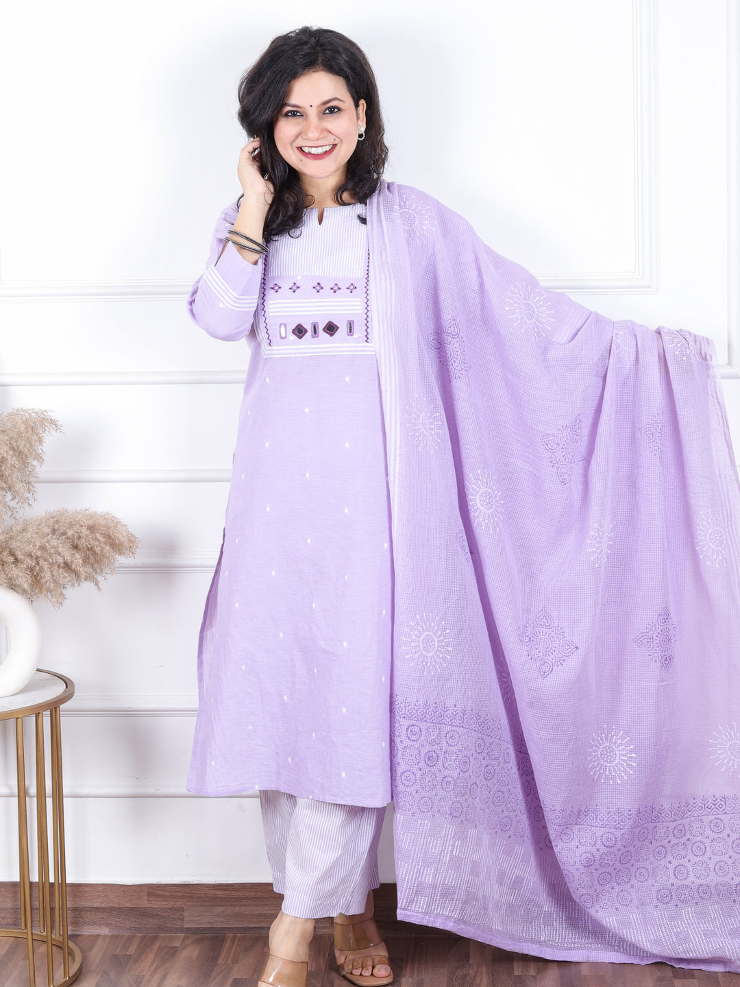 Dashtaan Petal Lilac Stripe Print with Mirror Work Patch South Cotton 3 Piece Set