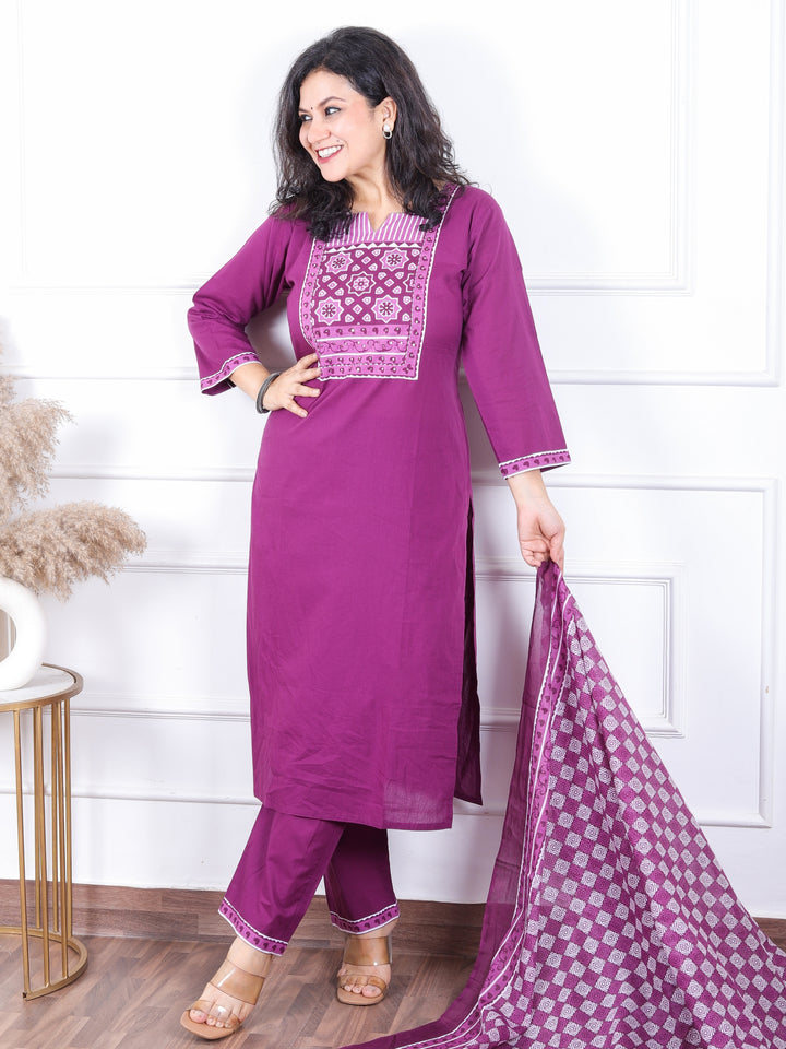 Dashtaan Eggplant Purple Printed Patch Neck with Patra Work Cotton 3 Piece Set