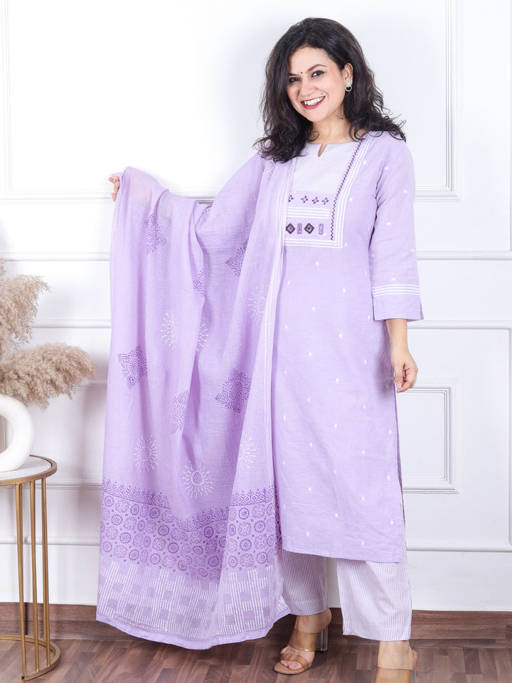 Dashtaan Petal Lilac Stripe Print with Mirror Work Patch South Cotton 3 Piece Set