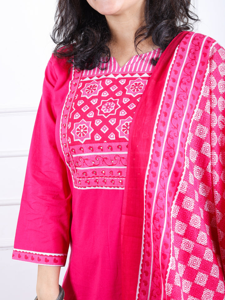 Dashtaan Magenta Pink Printed Patch Neck with Patra Work Cotton 3 Piece Set