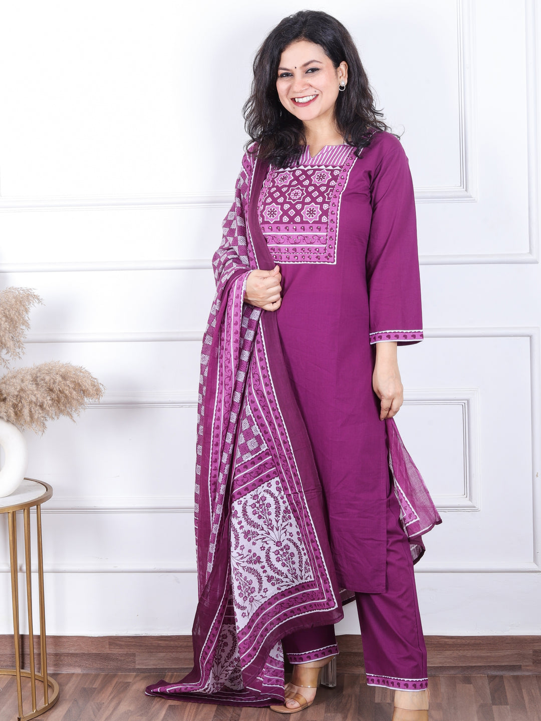 Dashtaan Eggplant Purple Printed Patch Neck with Patra Work Cotton 3 Piece Set