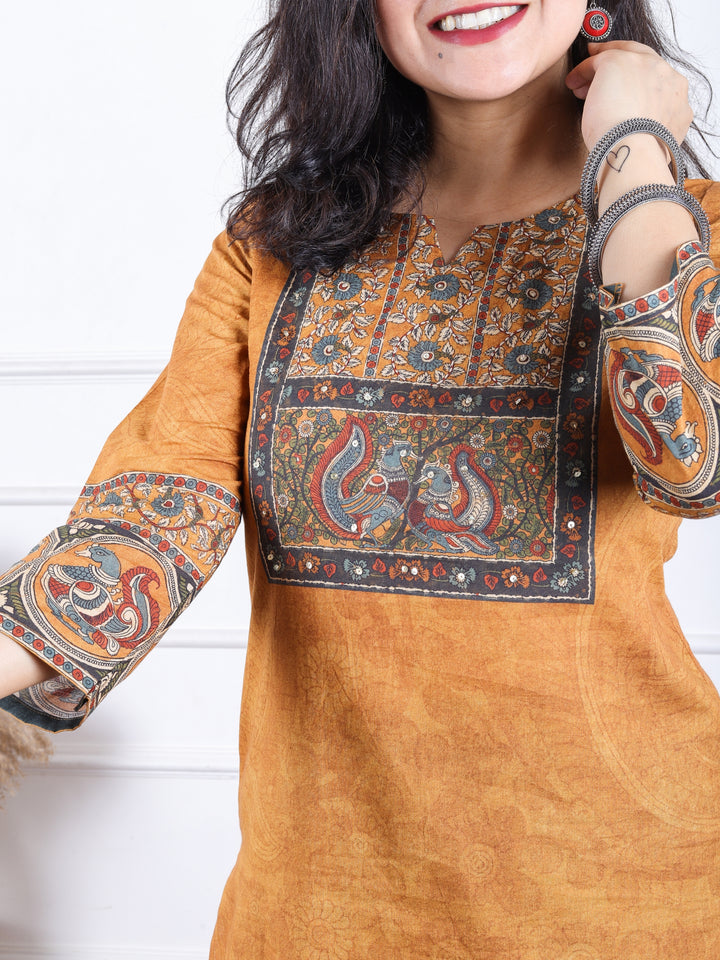 Dashtaan Dijon Yellow kalamkari Print Patch on Neck in Self Printed Cotton Kurti